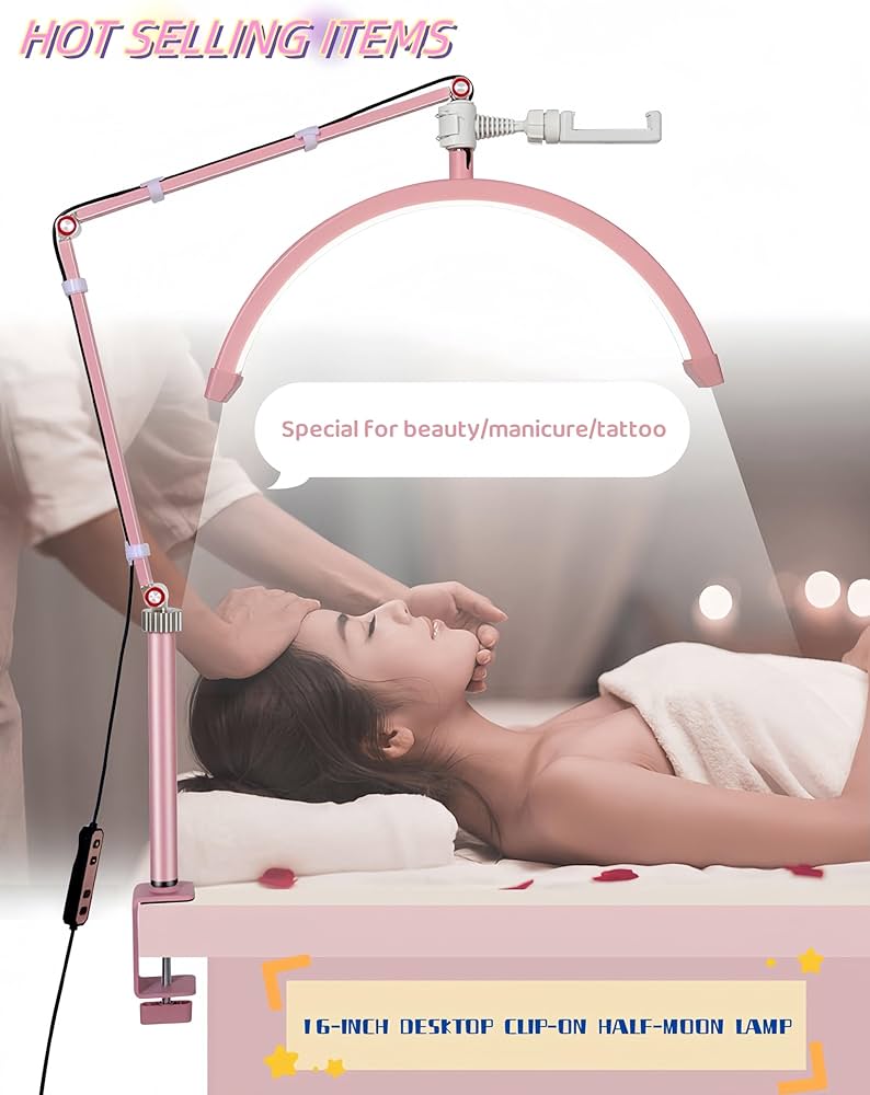 Led Half Moon Nail Desk Lamp,16inch Half Moon Lash Lamp for Lash Extensions,20W Eyelash Light Half Moon with 3 Color Dimmable,Beauty Desk Lamp with Phone Holder for Skincare Beauty Salon (Pink)
