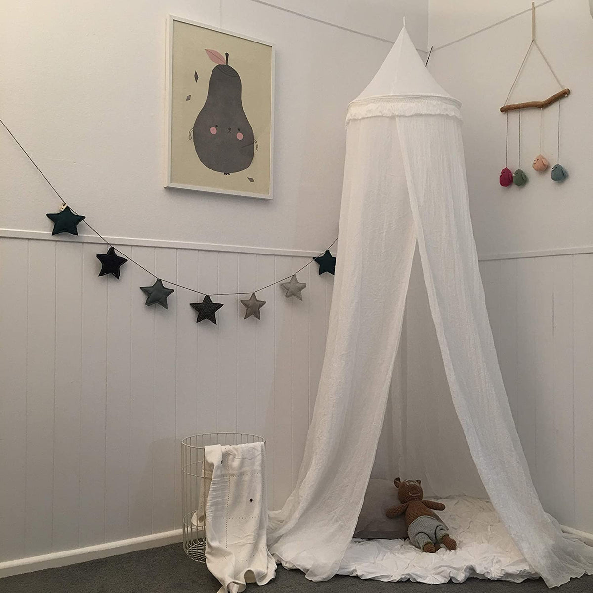 Soft White Hanging Bed Canopy with Tassels for Girls, Boys, Kids Rooms, Beds or Cribs. Nursery Decoration, Sheer Drapes for Child, Play, Reading or Hideaway Princess Tent