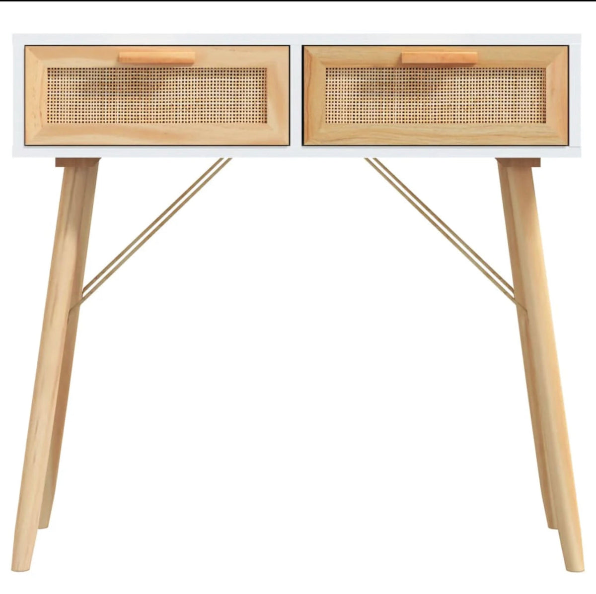 Solid Pine & Natural Rattan Console Table – White, 80 cm