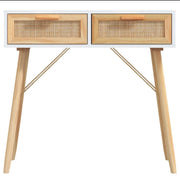 Solid Pine & Natural Rattan Console Table – White, 80 cm