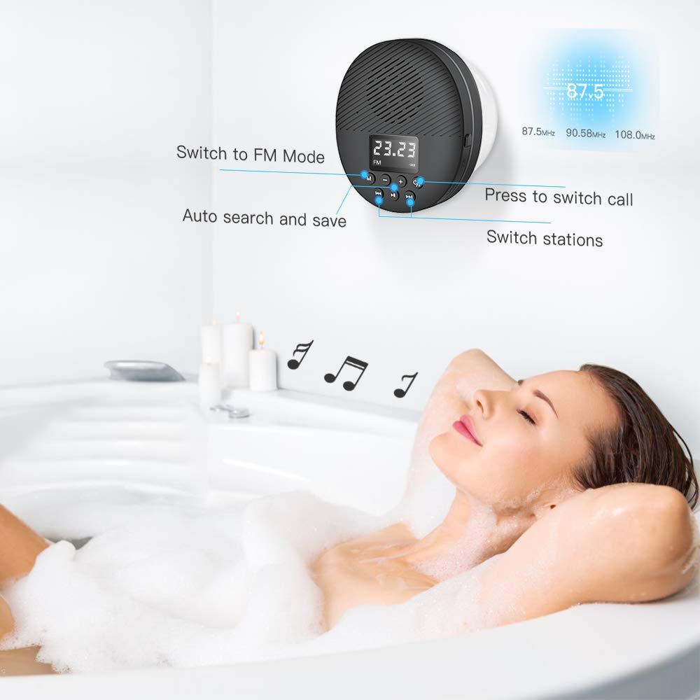 Waterproof Shower Speaker, AGPTEK Waterproof Bluetooth Speaker, Shower Radio with Bluetooth 5.0, LED Screen, Suction Cup, Support TF Card, Built-in MIC for Bathroom, Shower, Beach, Outdoor, Indoor