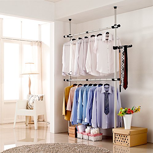Goldcart Ceiling-to-Floor Double Garment Rail with Reach Hook