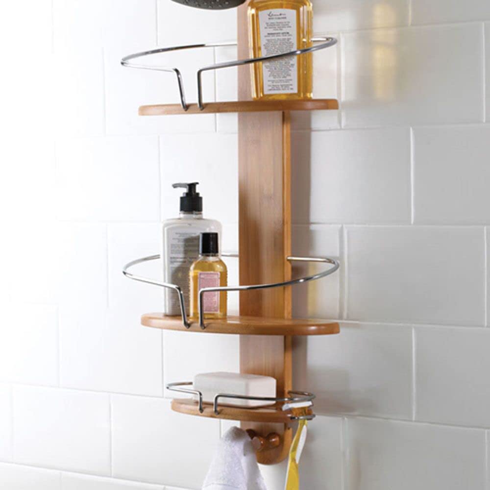 Bathroom Bamboo Shower Caddy Stainless Steel with Hang Hook Shower Organiser
