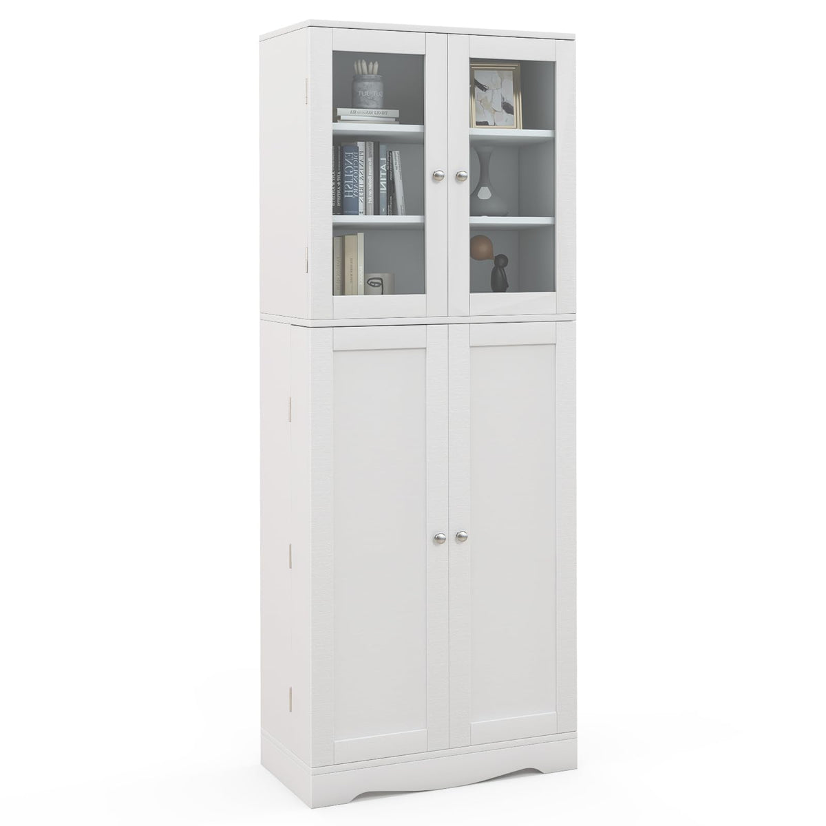 161.5 cm White Pantry Cabinet with Glass Doors & Door Racks