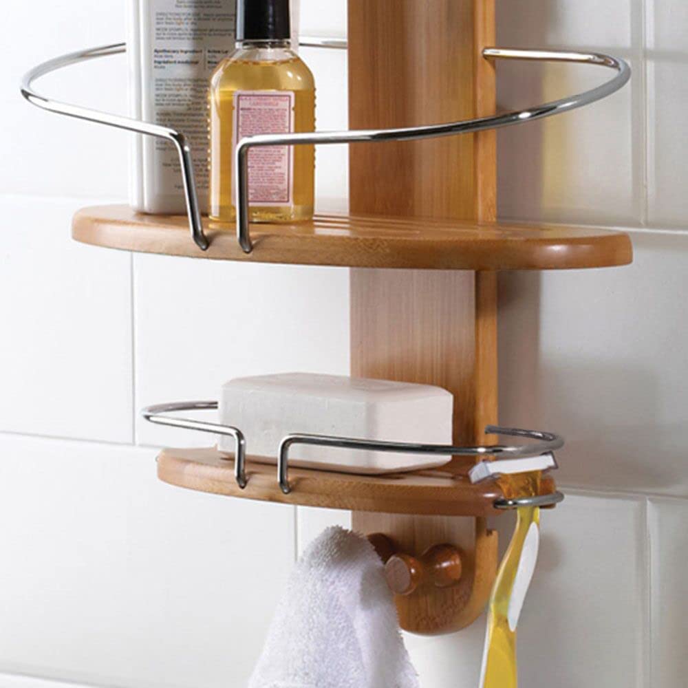 Bathroom Bamboo Shower Caddy Stainless Steel with Hang Hook Shower Organiser