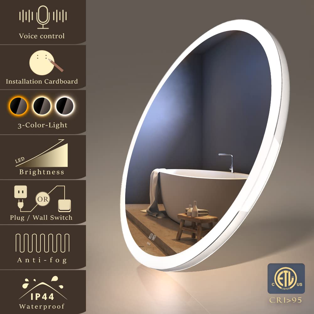 28 Inch Acoustic Control LED Bathroom Mirror, Easy to Install Round Vanity Mirror, Color Temperature Adjustable, Anti-Fog Dimmable Lights, Wall Mounted Mirror with Smart Touch Button
