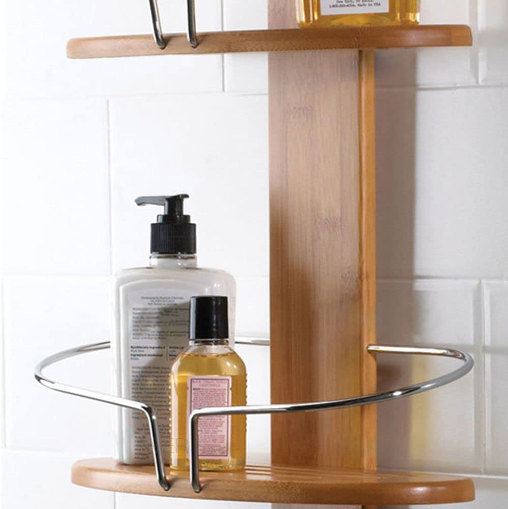 Bathroom Bamboo Shower Caddy Stainless Steel with Hang Hook Shower Organiser