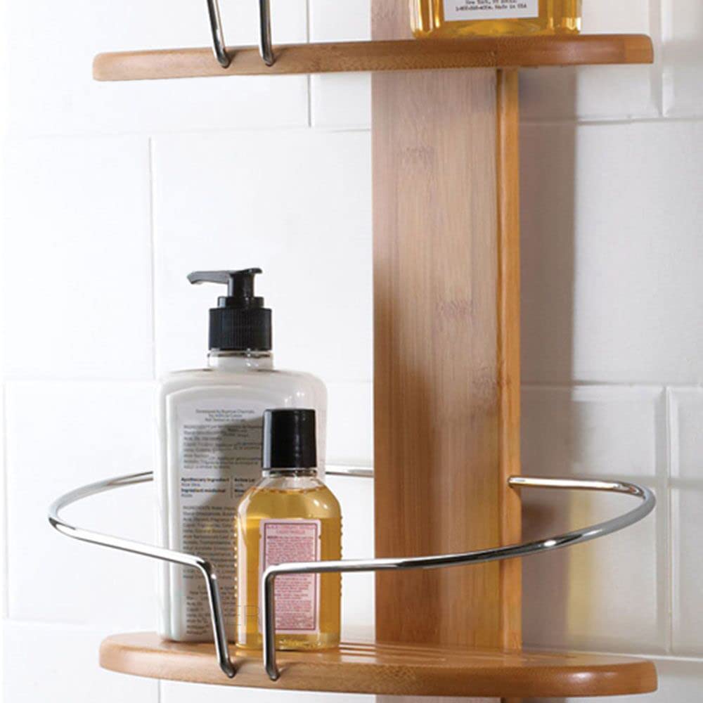 Bathroom Bamboo Shower Caddy Stainless Steel with Hang Hook Shower Organiser