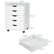 5-Drawer File Cabinet, Side Cabinet File Pedestal w/ 4 Castors, Wood Under Desk Drawer, Storage Cabinet Organiser, Compact Chest of Drawers Dresser, Mobile File Cabinets for Home Office, White