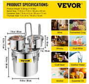 3 Pots 5Gal 19L Alcohol Distiller Copper Alcohol Still Boiler Spirits Brew Kit