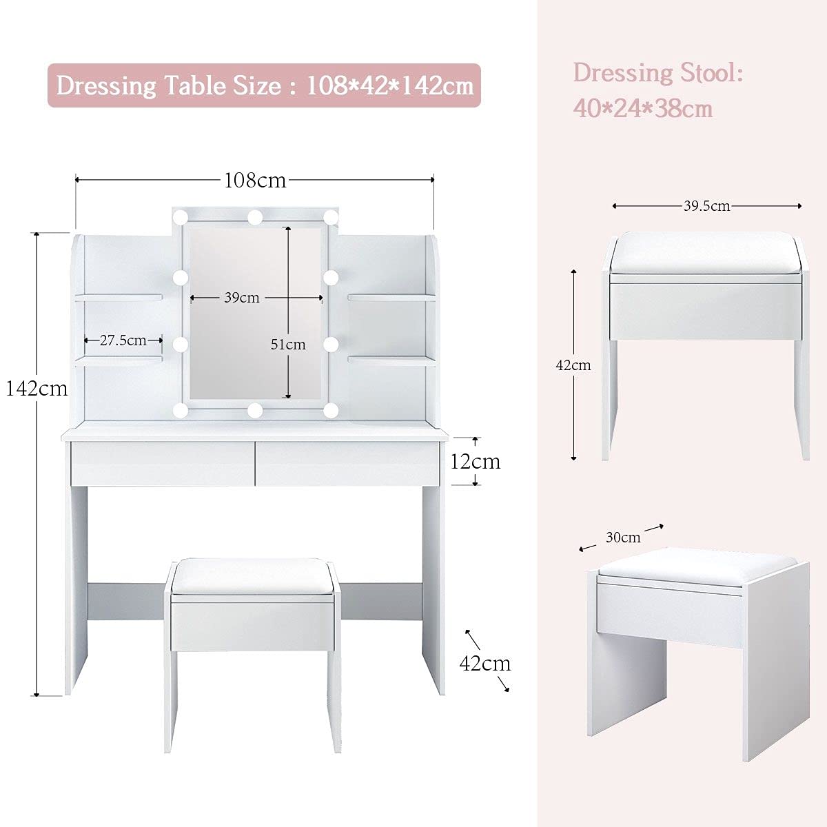 Luxsuite Dressing Table Stool Set with Led Light Makeup Vanity Table 2 Drawers Storage Shelves Mirror White