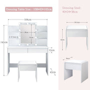 Luxsuite Dressing Table Stool Set with Led Light Makeup Vanity Table 2 Drawers Storage Shelves Mirror White