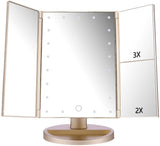Tri-Fold Lighted Vanity Makeup Mirror with 21 LED Lights, Touch Screen and 3X/2X/1X Magnification Mirror, Two Power Supply Mode Tabletop Makeup Mirror, Travel Cosmetic Mirror (Gold)