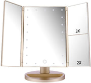 Gold Tri-Fold LED Vanity Mirror – 1×, 2× & 3× Magnification