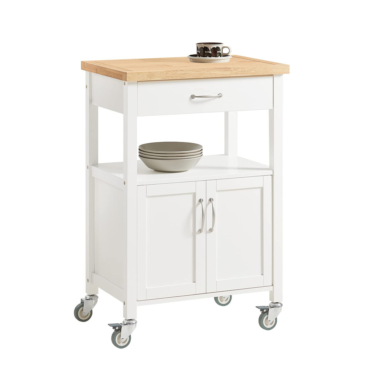 White Kitchen Trolley with Rubberwood Top & Cabinet