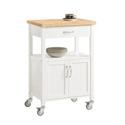 White Kitchen Trolley with Rubberwood Top & Cabinet