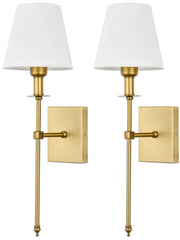 Classic Rustic Industrial Wall Sconce Lighting Fixture with Flared White Textile Lamp Shade and Antique Brass Tapered Column Stand (2 Pcs)