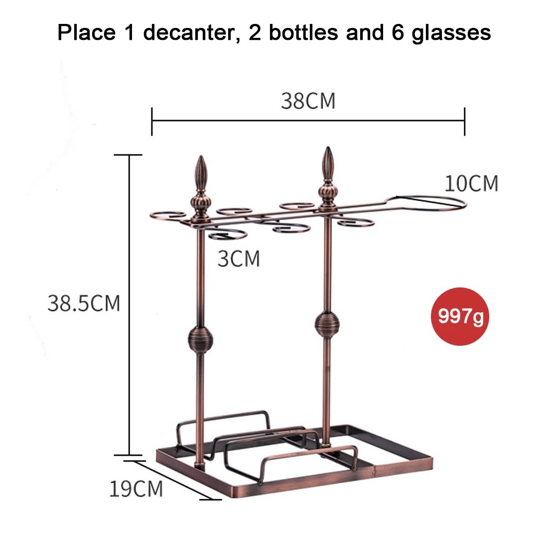 Bronze Wine Display Stand for 2 Bottles, 6 Glasses & Decanter