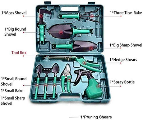 Garden Tools Set,10 Piece Gardening Gifts Stainless Stee Garden Tool Set with Storage case with Garden Trowel Pruners ，Rake, Shovel, Trowel, Sprayer, and More -Garden Gifts for Men & Women
