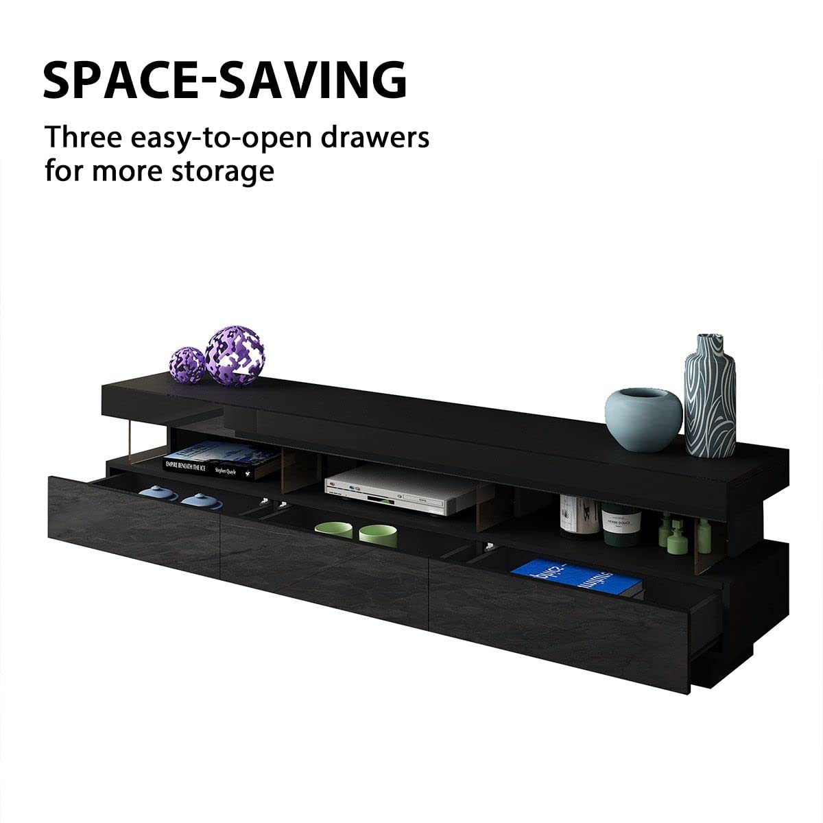 Luxsuite LED TV Stand Cabinet TV Unit Storage Entertainment Console High Gloss Front 3 Drawer