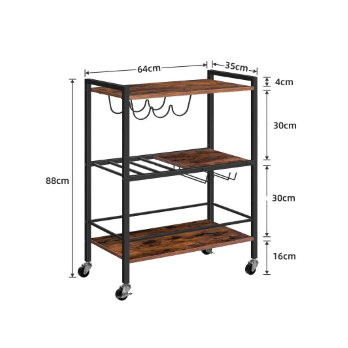 3-Tier Bar Cart with 4-Bottle Rack & 6-Glass Holder
