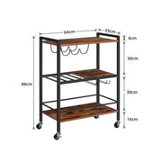 3-Tier Bar Cart with 4-Bottle Rack & 6-Glass Holder