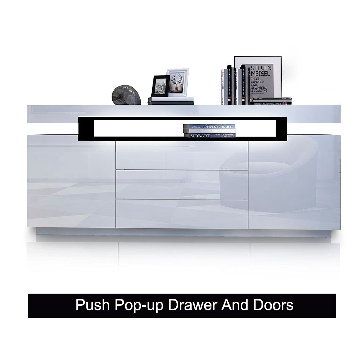 160 cm High-Gloss White Sideboard with 2 Doors & 3 Drawers
