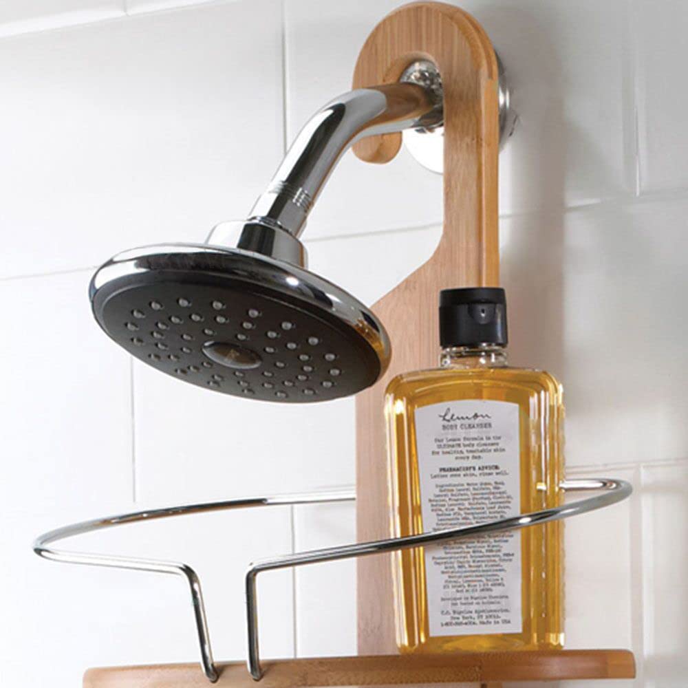 Bathroom Bamboo Shower Caddy Stainless Steel with Hang Hook Shower Organiser