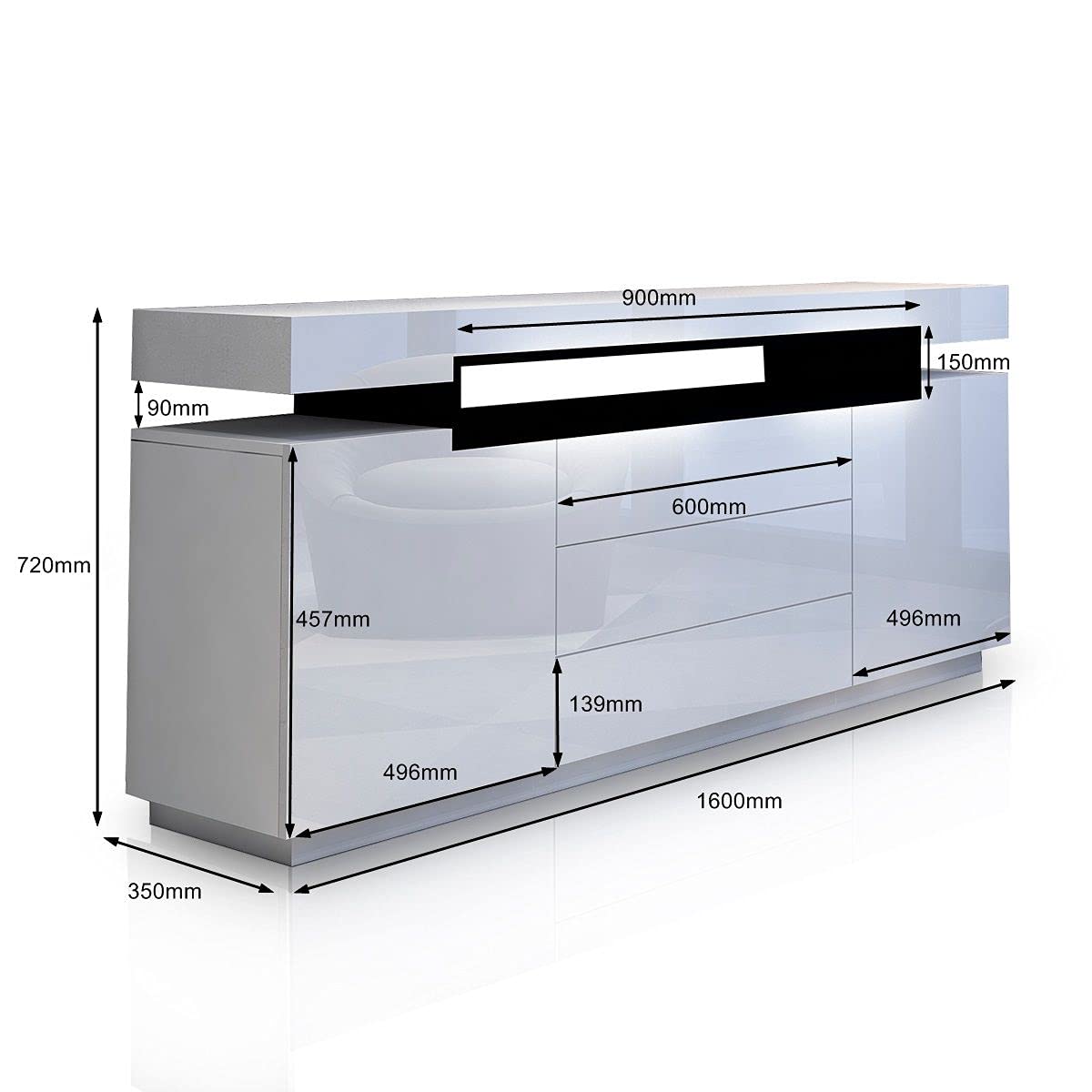 160 cm High-Gloss White Sideboard with 2 Doors & 3 Drawers