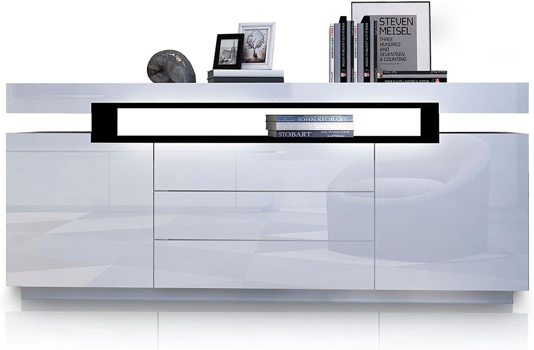160 cm High-Gloss White Sideboard with 2 Doors & 3 Drawers
