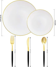 150pcs Gold Dinner Plates,Gold Silverware with Black Handle,White Plates with Gold Rim,Gold Party Plates,Gold and Black Cutlery,Suit for Wedding,Birthday,Party