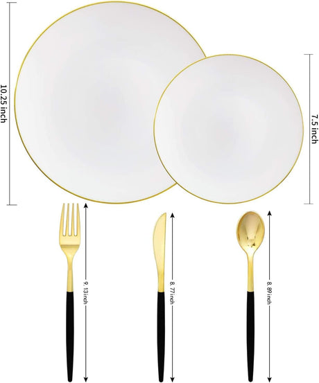 150pcs Gold Dinner Plates,Gold Silverware with Black Handle,White Plates with Gold Rim,Gold Party Plates,Gold and Black Cutlery,Suit for Wedding,Birthday,Party