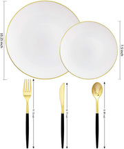 150pcs Gold Dinner Plates,Gold Silverware with Black Handle,White Plates with Gold Rim,Gold Party Plates,Gold and Black Cutlery,Suit for Wedding,Birthday,Party