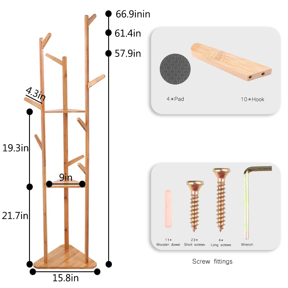 170 cm Bamboo Coat Tree with 9 Hooks & 3 Shelves