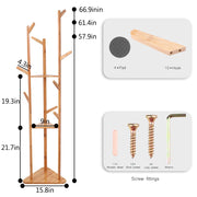 170 cm Bamboo Coat Tree with 9 Hooks & 3 Shelves