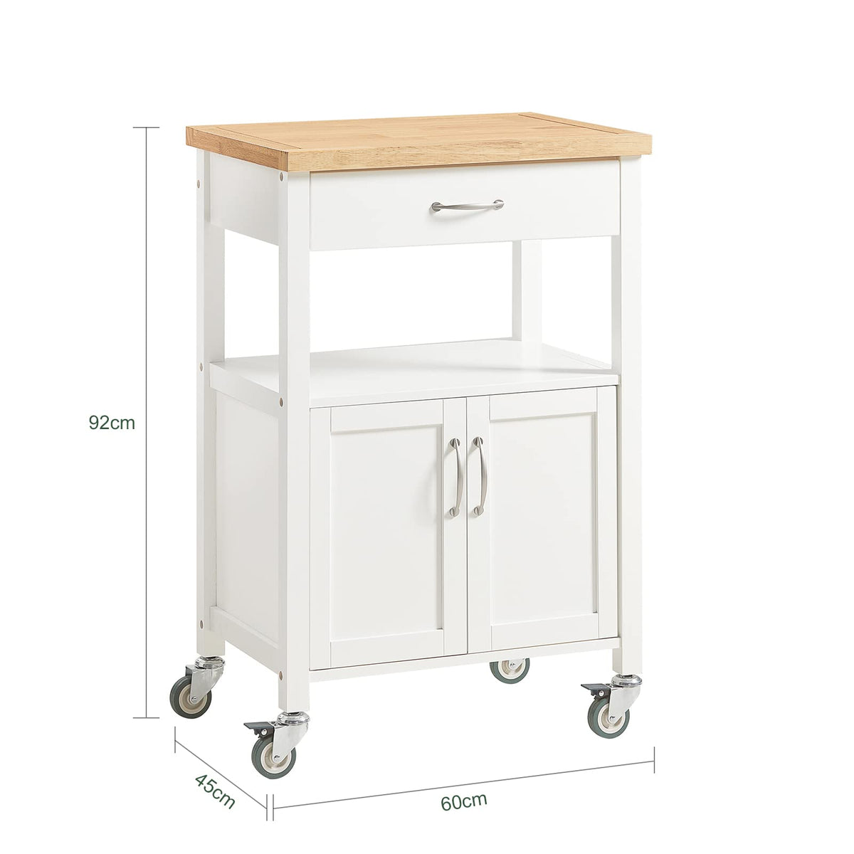 White Kitchen Trolley with Rubberwood Top & Cabinet