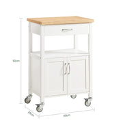 White Kitchen Trolley with Rubberwood Top & Cabinet