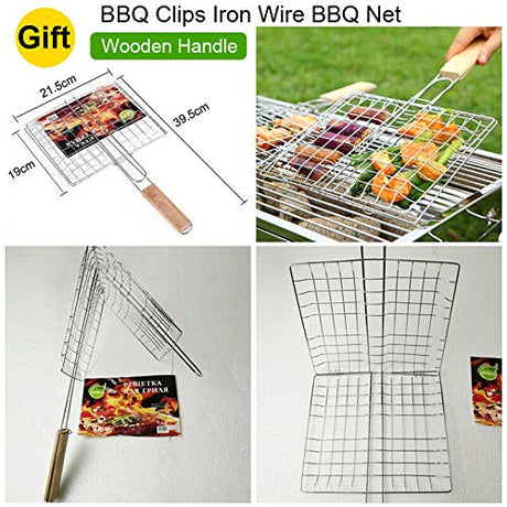 Outdoor Foldable BBQ Charcoal Grill Portable Hibachi Barbecue Camping Large Broil Kebab Grate Large Tray Net Rotisserie Set Stainless Steel