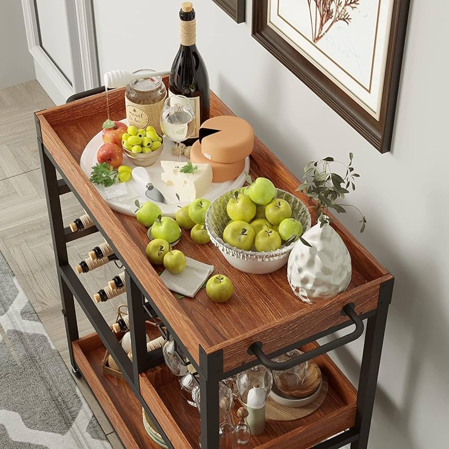 3-Tier Rolling Bar Cart with 12-Bottle Rack & Removable Trays