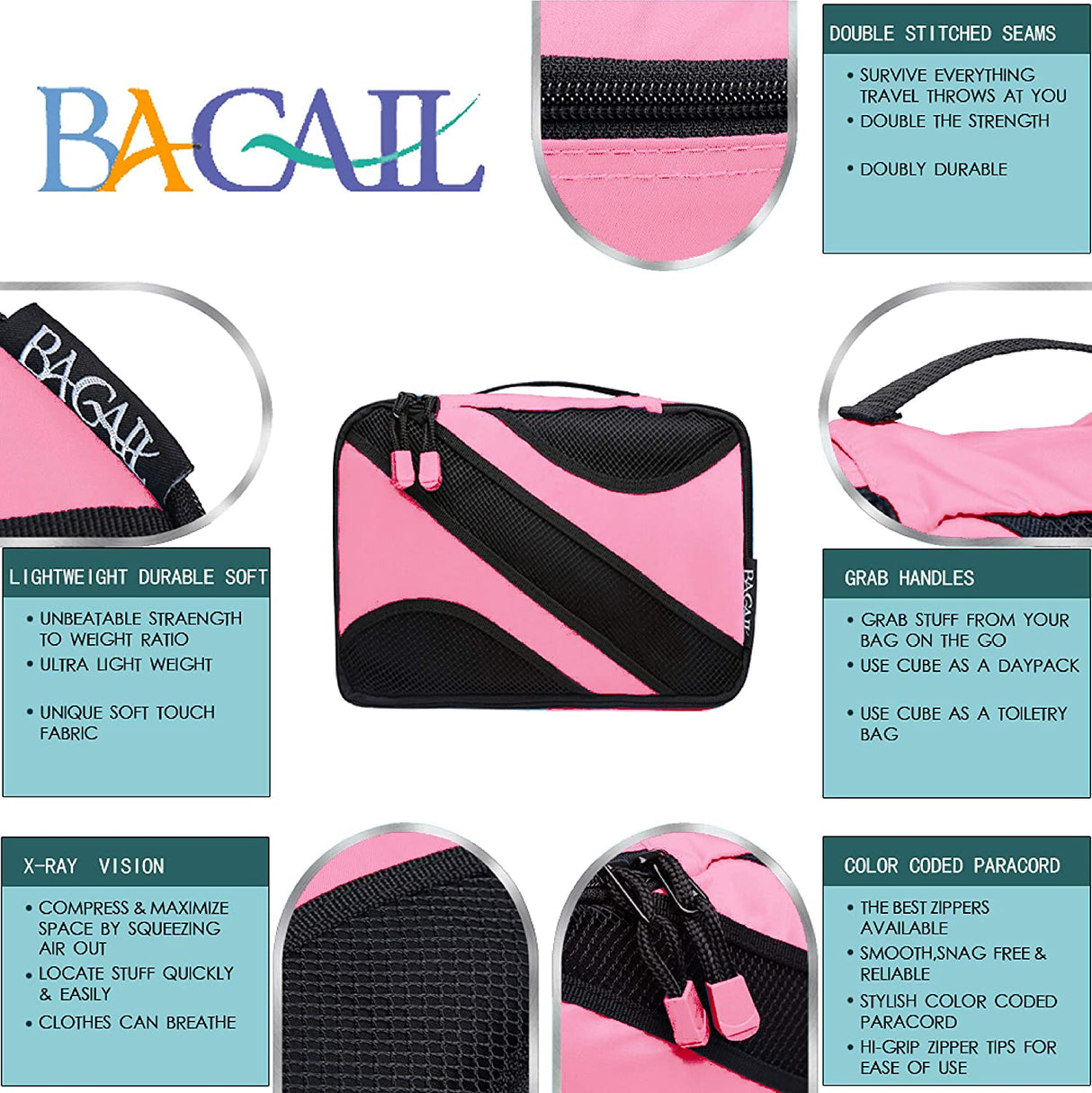 6 Set Packing Cubes, Travel Luggage Packing Organizers with Laundry Bag Fushcia