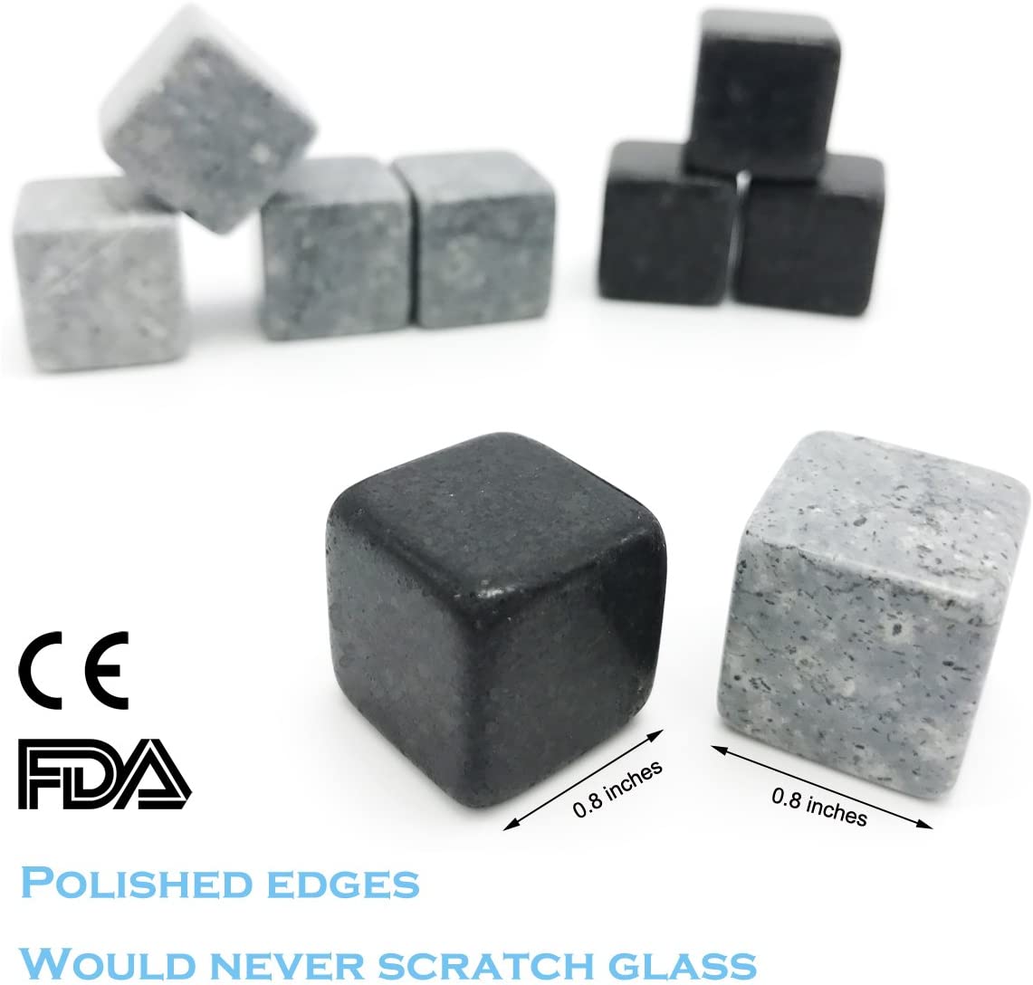 Whisky Stones Gift Set of 9 Natural Soapstone and Granite Chilling Rocks with Stylish Wooden Box and Free Velvet Pouch