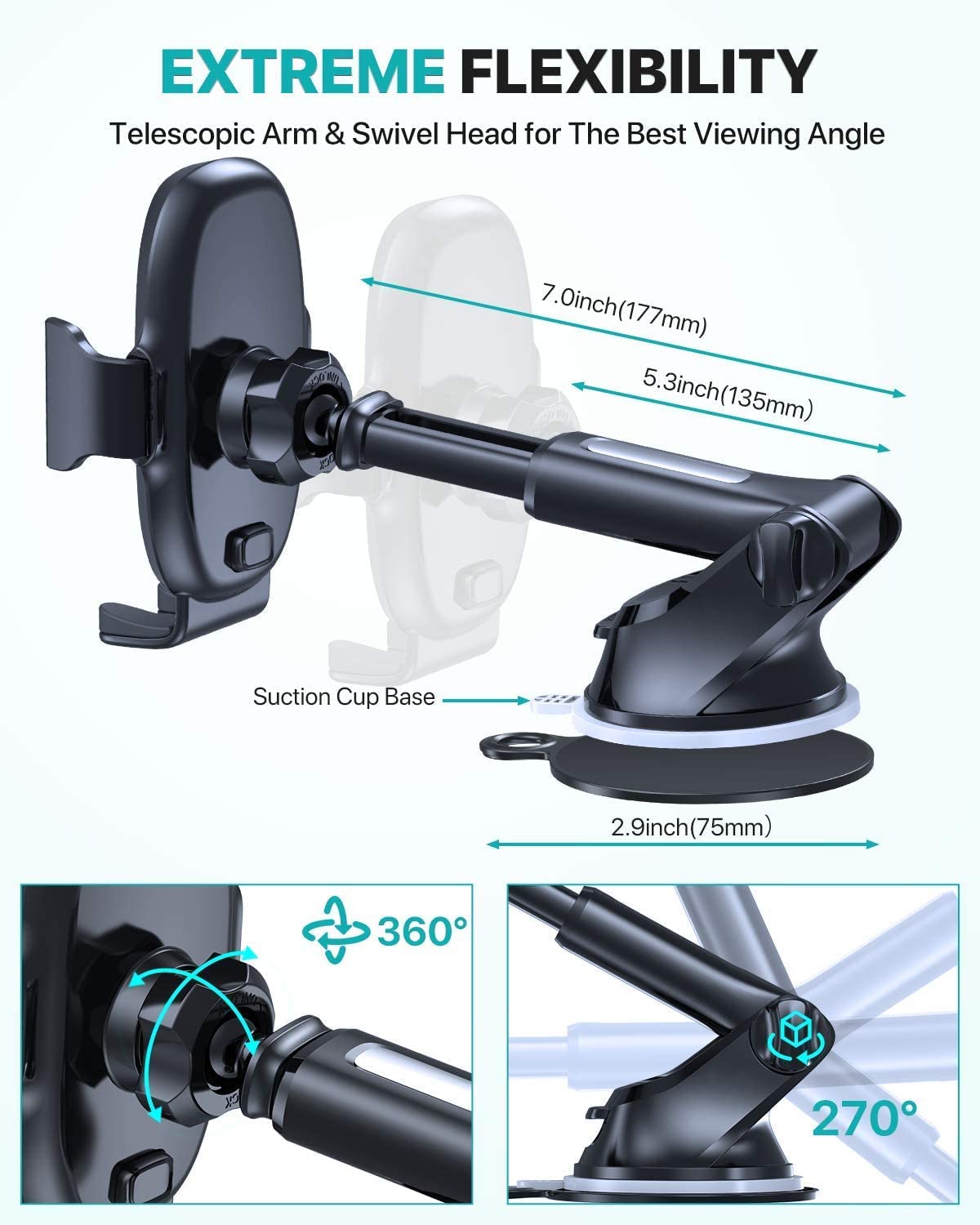Miracase 3-Way Car Phone Holder – Dashboard, Windscreen & Vent
