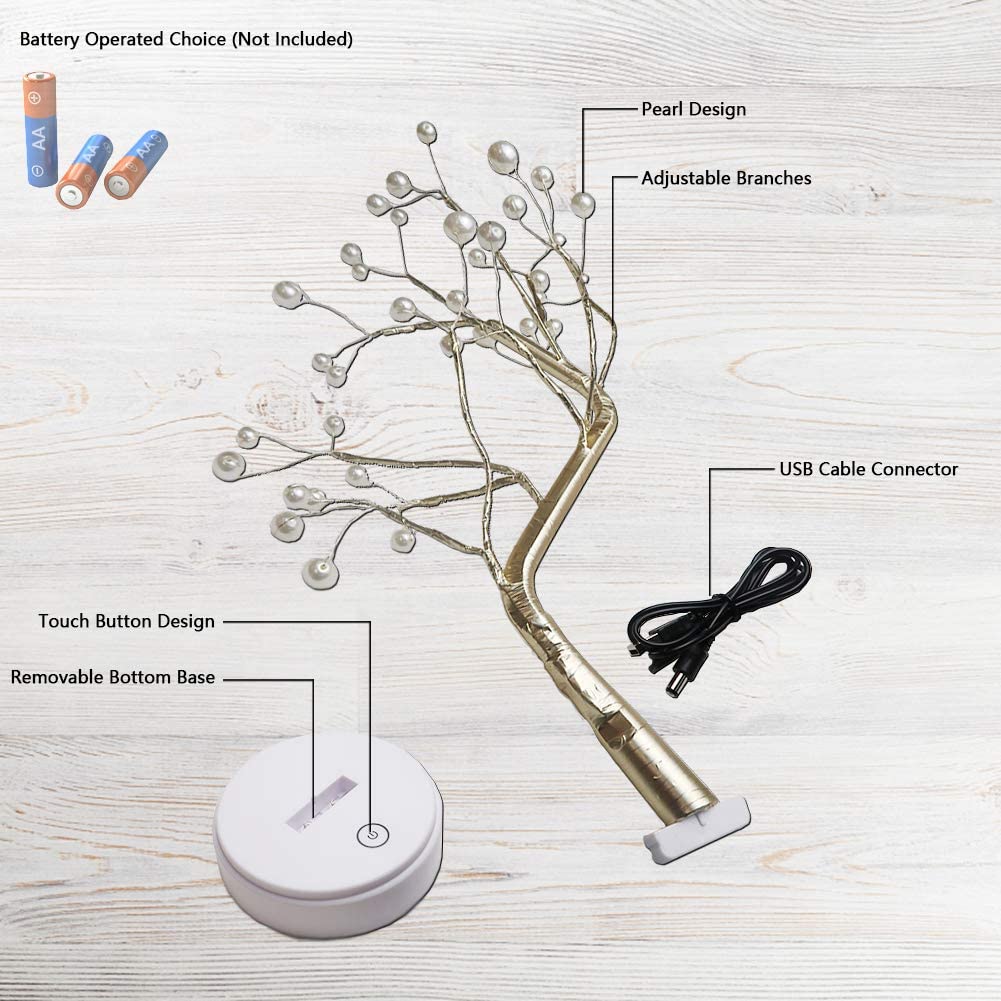 Bonsai Tree Light with 36 Pearls LED Adjustable Branch Tree Lamp Decoration Battery/USB Operated Night Light for Bedroom Christmas Party Indoor Decoration (Warm White)