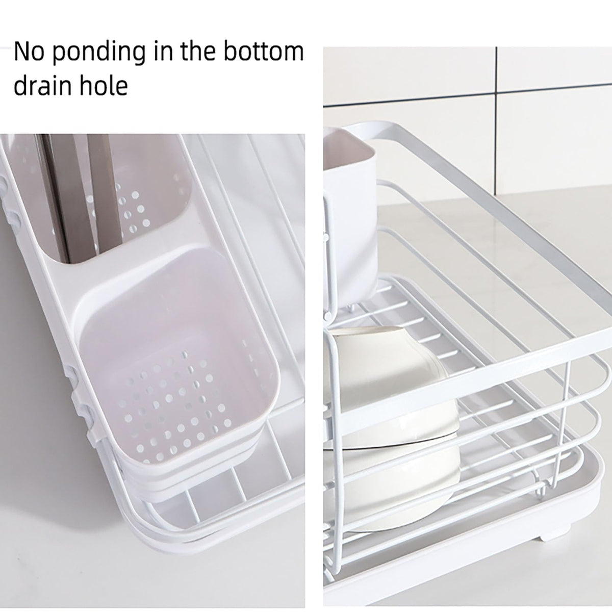 43 cm White 2-Tier Dish Drying Rack with Rotating Drain Spout