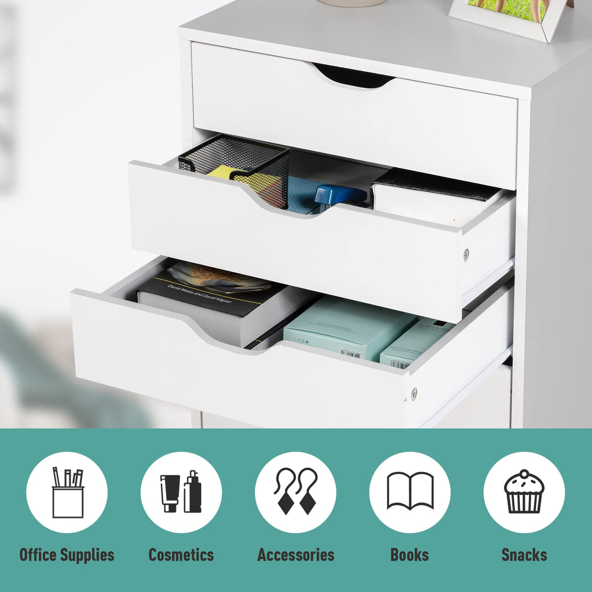 5-Drawer File Cabinet, Side Cabinet File Pedestal w/ 4 Castors, Wood Under Desk Drawer, Storage Cabinet Organiser, Compact Chest of Drawers Dresser, Mobile File Cabinets for Home Office, White