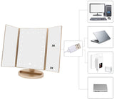 Tri-Fold Lighted Vanity Makeup Mirror with 21 LED Lights, Touch Screen and 3X/2X/1X Magnification Mirror, Two Power Supply Mode Tabletop Makeup Mirror, Travel Cosmetic Mirror (Gold)