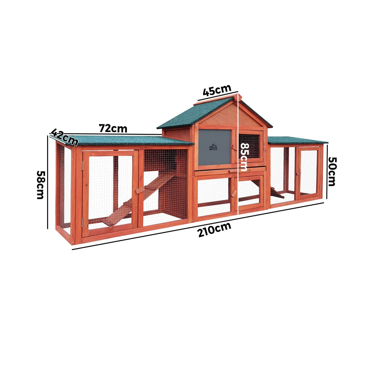 210 cm Fir-Wood Two-Level Small-Animal Hutch with Mesh Run