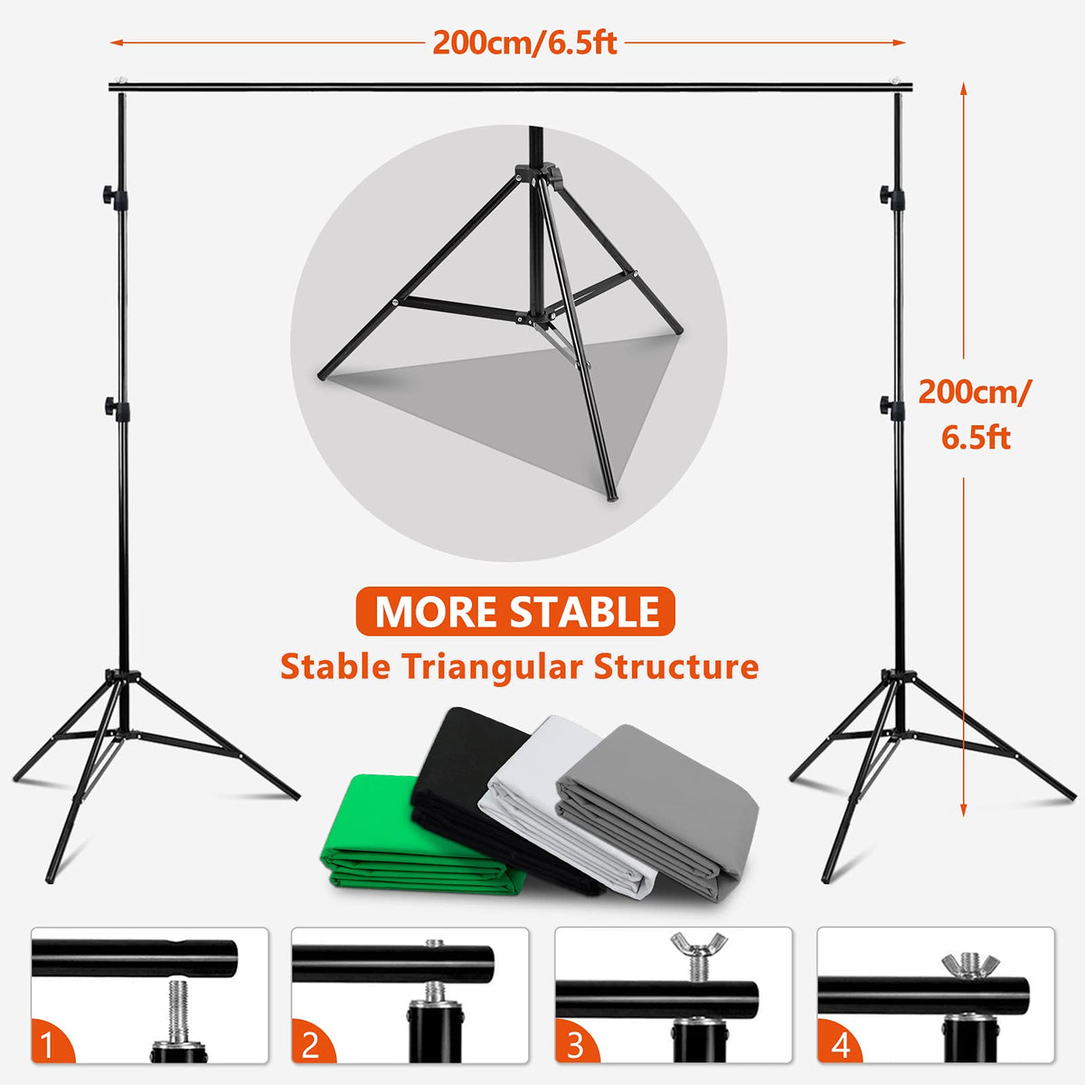 2×2m Adjustable Backdrop Stand Kit with 4 Studio Backgrounds