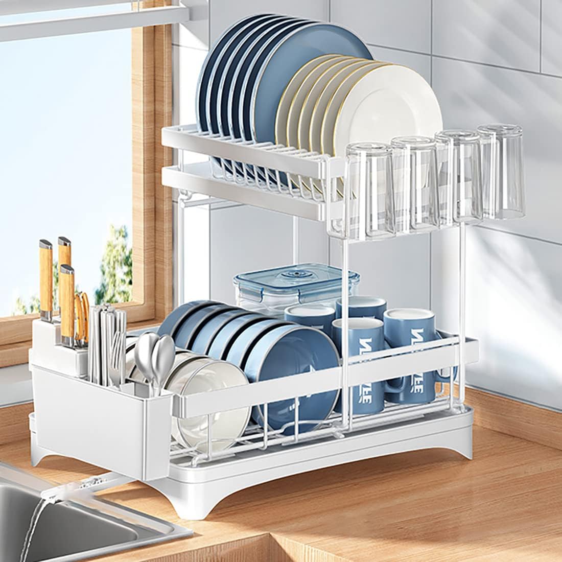 42 cm 2-Tier Dish Rack with 360° Extendable Drain Spout – 2 Colours