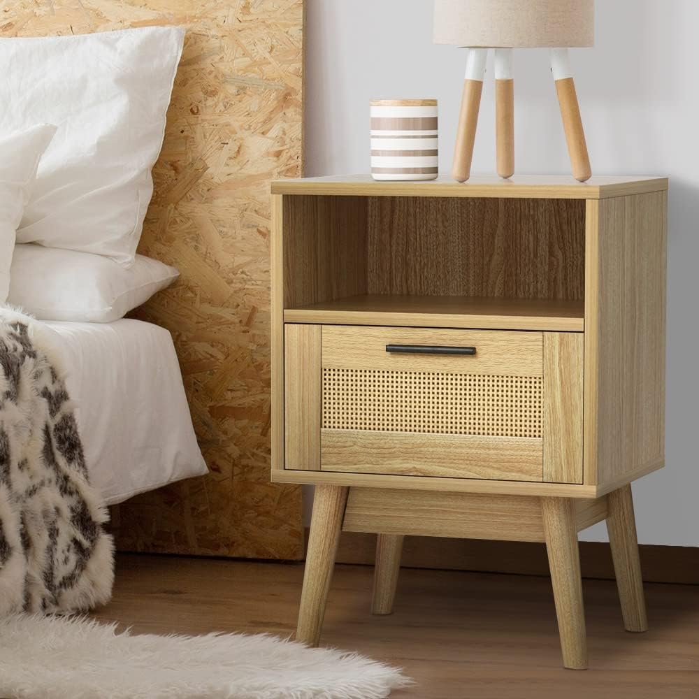 54 cm Rattan Bedside Table with Drawer & Shelf